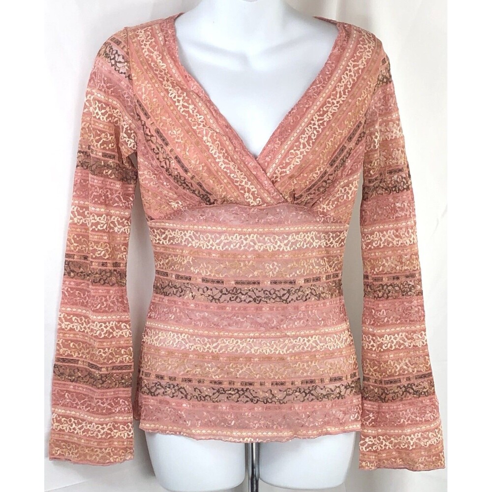 Vintage Paper Doll Lace Crochet Top S Pink Mock Wrap Empire Fairy Romantic